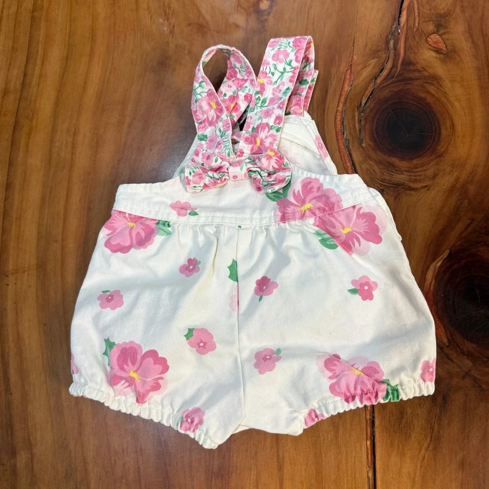 Vintage Oshkosh Overalls Denim 12M Cotton USA Floral Short Shortalls Bubble N24